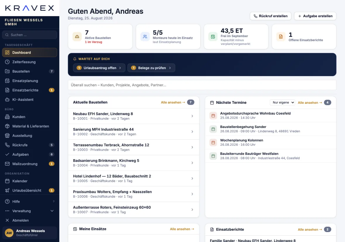 Das Kravex-Dashboard im Browser: Baustellen, Rückrufe, Aufgaben und Termine des Tages