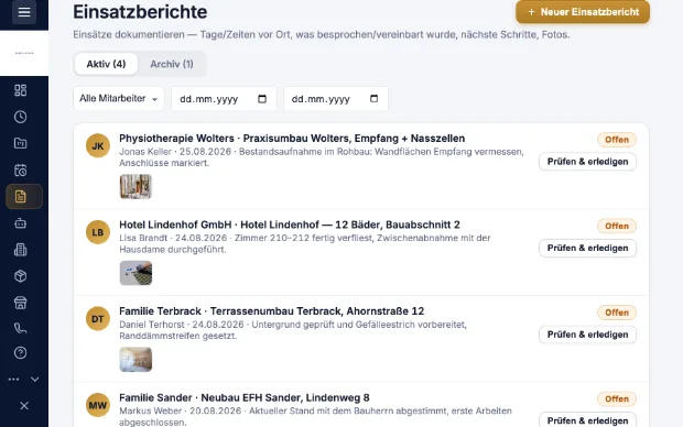 Einsatzbericht in Kravex mit Tätigkeit, Material und Unterschrift des Kunden