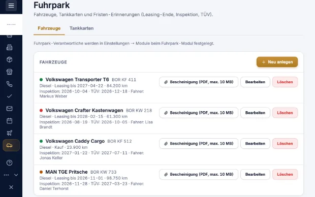 Fuhrpark in Kravex mit Fristen-Ampel für TÜV und Inspektion