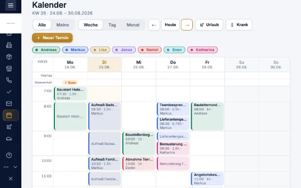 Kalender in Kravex mit Terminen, Urlaub und Krankmeldungen