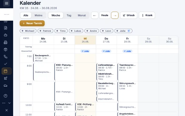 Kalender in Kravex mit Terminen, Urlaub und Krankmeldungen