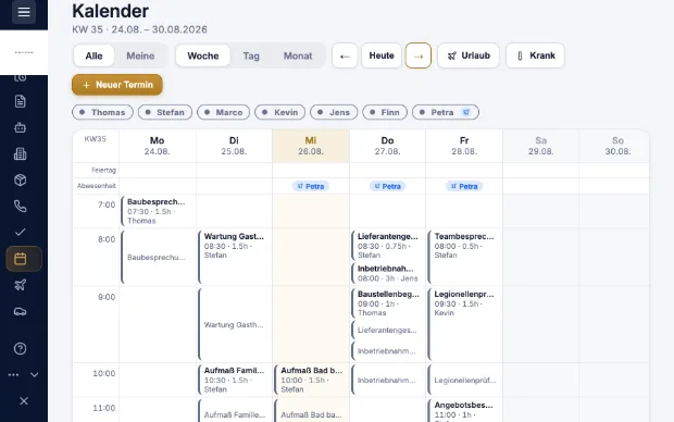 Kalender in Kravex mit Terminen, Urlaub und Krankmeldungen