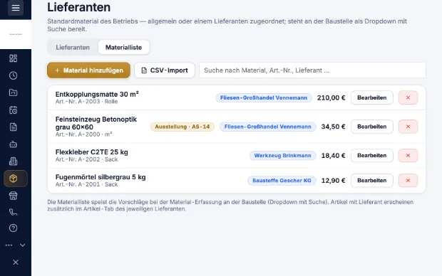 Materialliste einer Baustelle in Kravex mit Bestellstatus