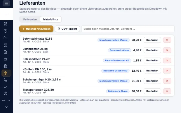 Materialliste einer Baustelle in Kravex mit Bestellstatus