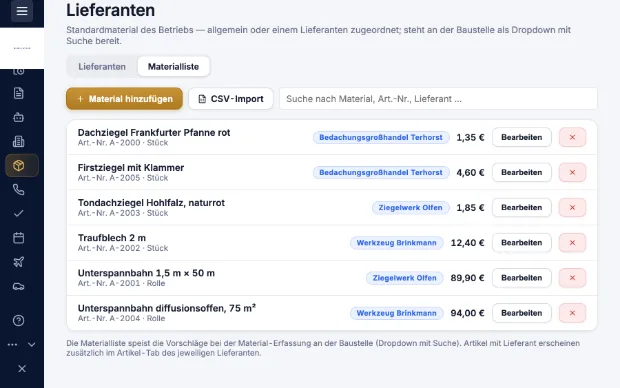 Materialliste einer Baustelle in Kravex mit Bestellstatus