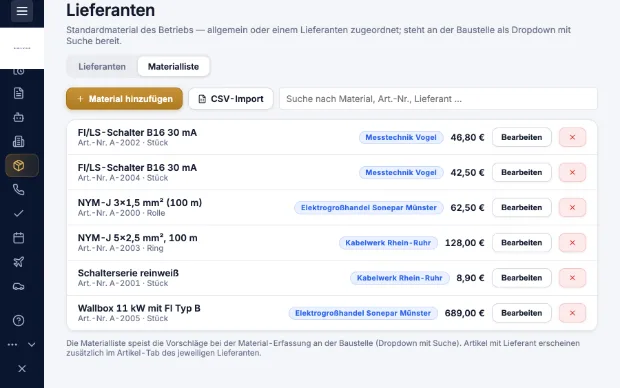 Materialliste einer Baustelle in Kravex mit Bestellstatus