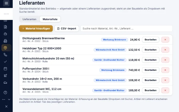 Materialliste einer Baustelle in Kravex mit Bestellstatus