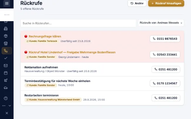 Rückrufliste in Kravex mit Zuständigkeit und Wiedervorlage