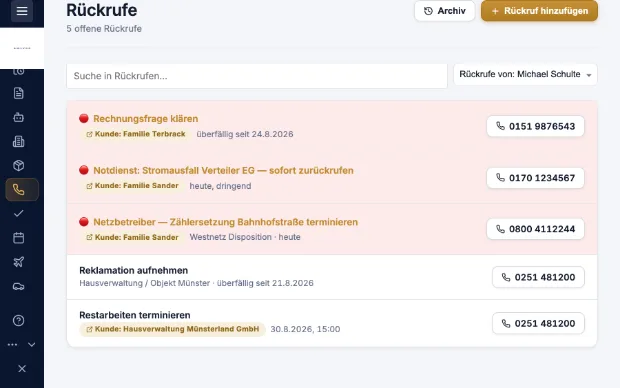 Rückrufliste in Kravex mit Zuständigkeit und Wiedervorlage