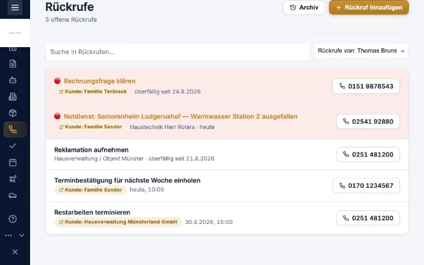 Rückrufliste in Kravex mit Zuständigkeit und Wiedervorlage