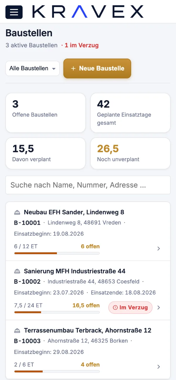 Baustelle in der Monteuransicht von Kravex auf dem Handy