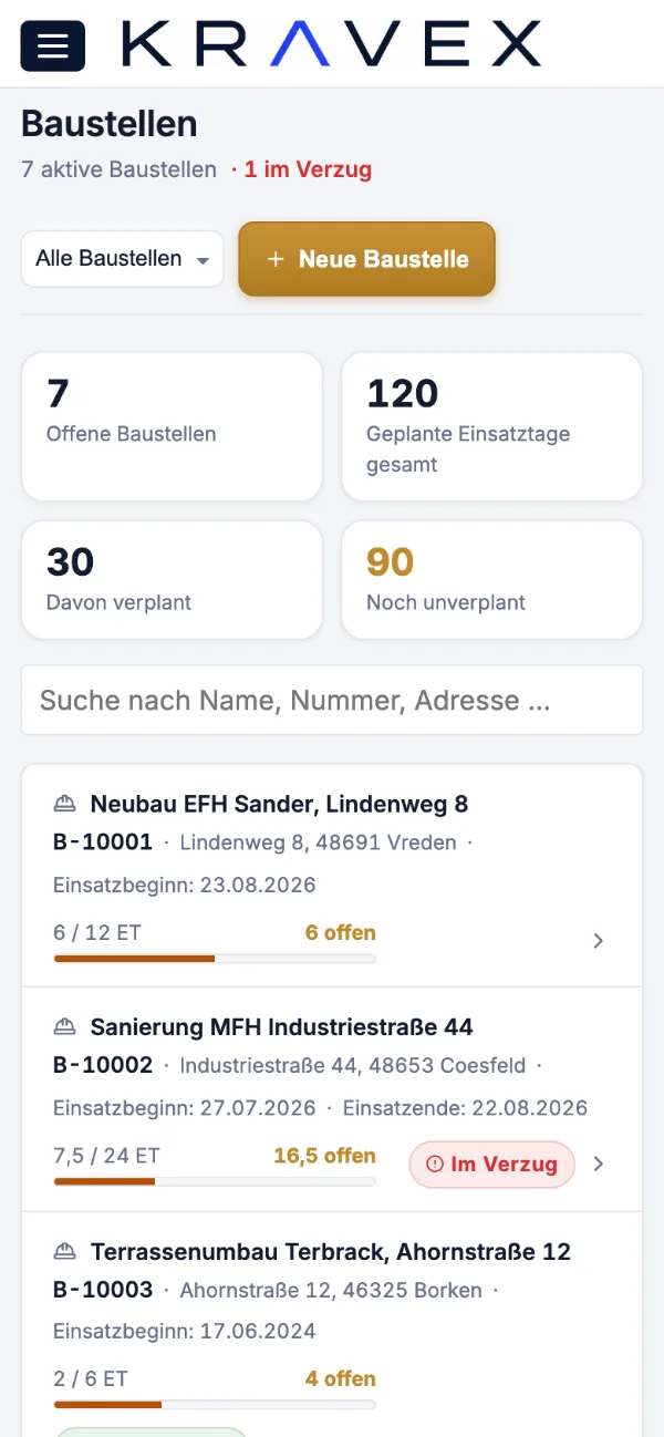 Baustelle in der Monteuransicht von Kravex auf dem Handy