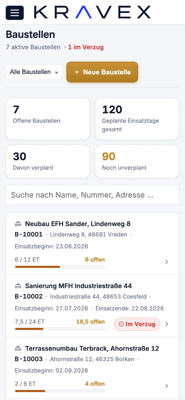 Baustelle in der Monteuransicht von Kravex auf dem Handy