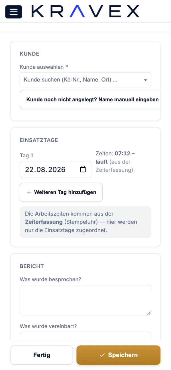 Einsatzbericht in der Monteuransicht von Kravex auf dem Handy