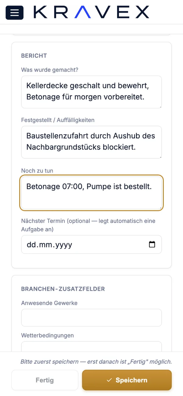 Einsatzbericht in der Monteuransicht von Kravex auf dem Handy