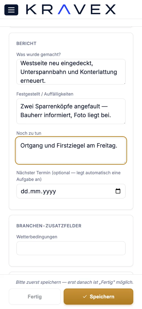 Einsatzbericht in der Monteuransicht von Kravex auf dem Handy