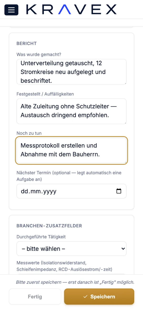 Einsatzbericht in der Monteuransicht von Kravex auf dem Handy