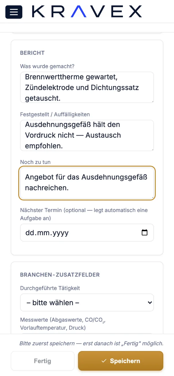 Einsatzbericht in der Monteuransicht von Kravex auf dem Handy