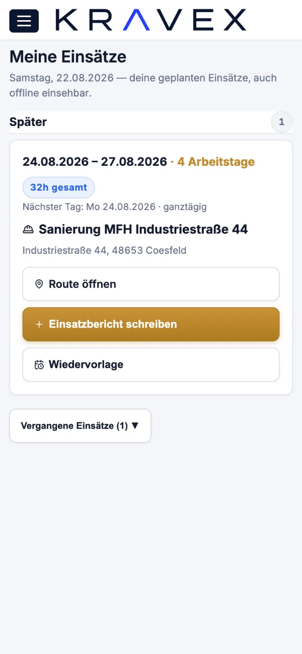 Einsatzplanung in der Monteuransicht von Kravex auf dem Handy