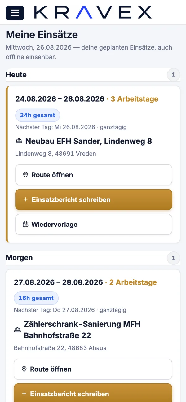 Einsatzplanung in der Monteuransicht von Kravex auf dem Handy