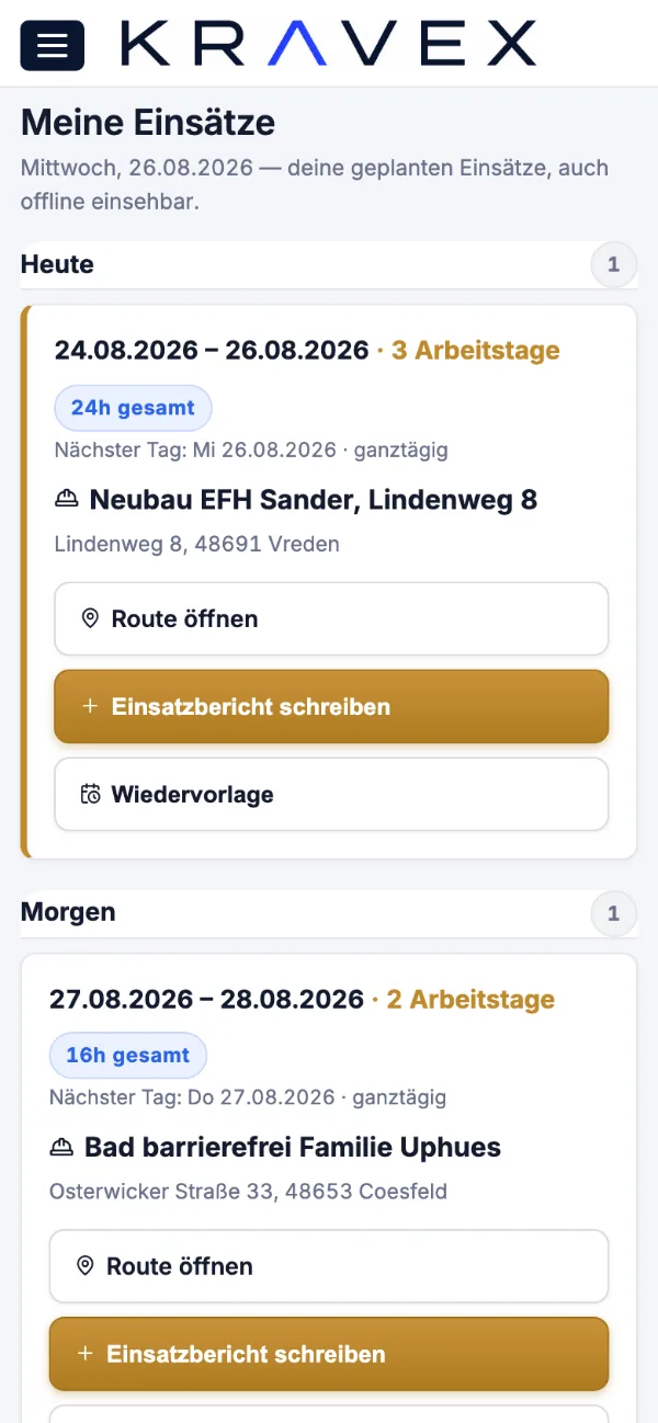 Einsatzplanung in der Monteuransicht von Kravex auf dem Handy