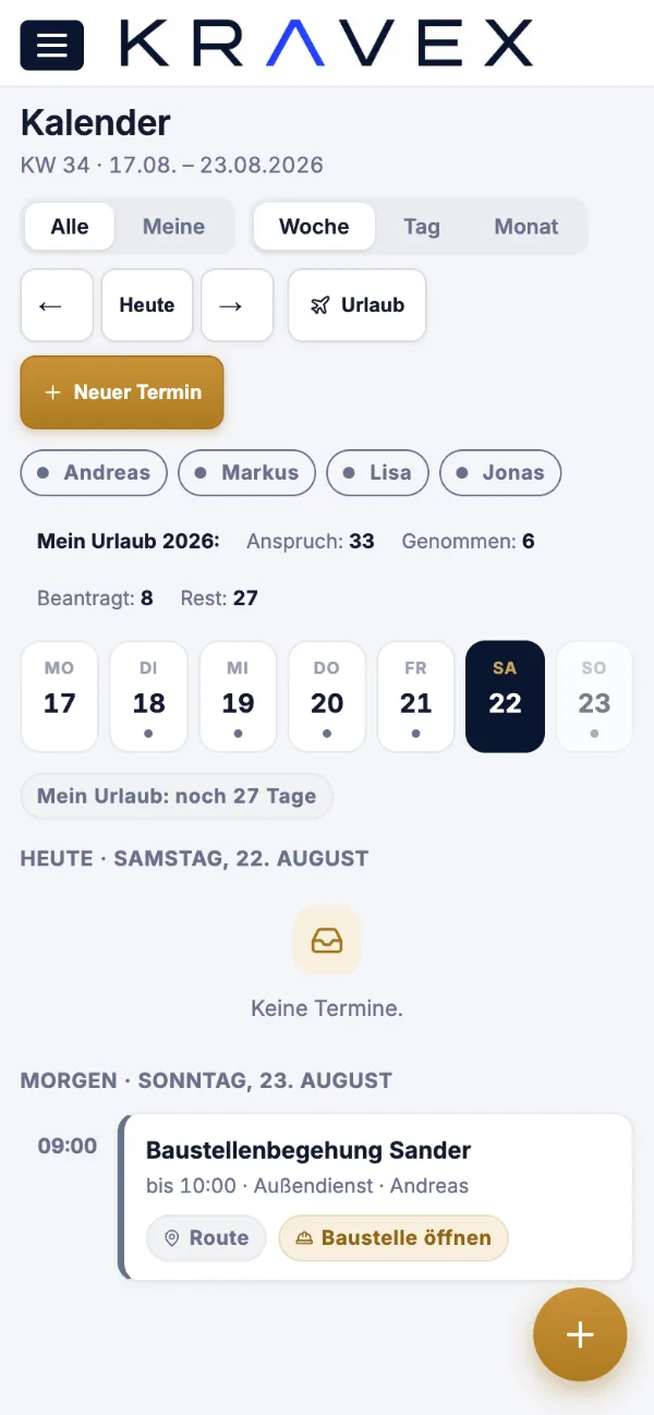 Kalender in der Monteuransicht von Kravex auf dem Handy
