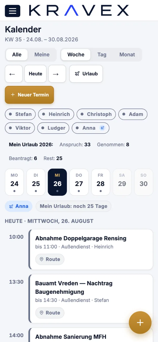 Kalender in der Monteuransicht von Kravex auf dem Handy