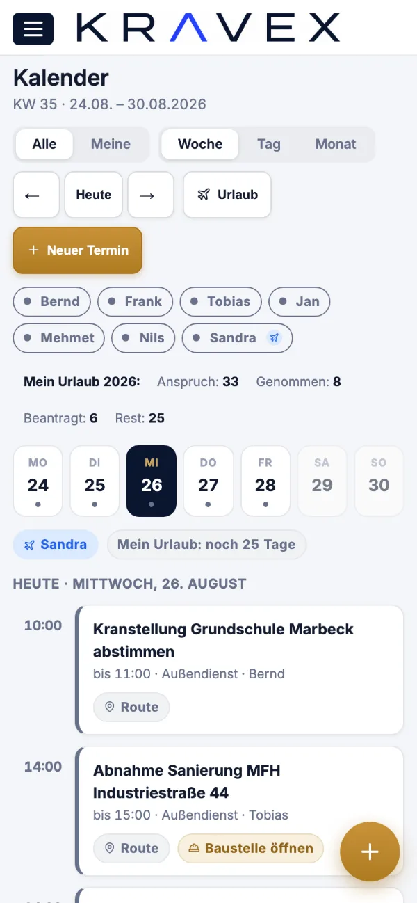 Kalender in der Monteuransicht von Kravex auf dem Handy