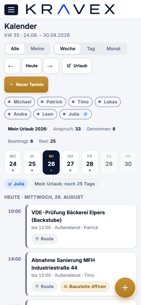 Kalender in der Monteuransicht von Kravex auf dem Handy