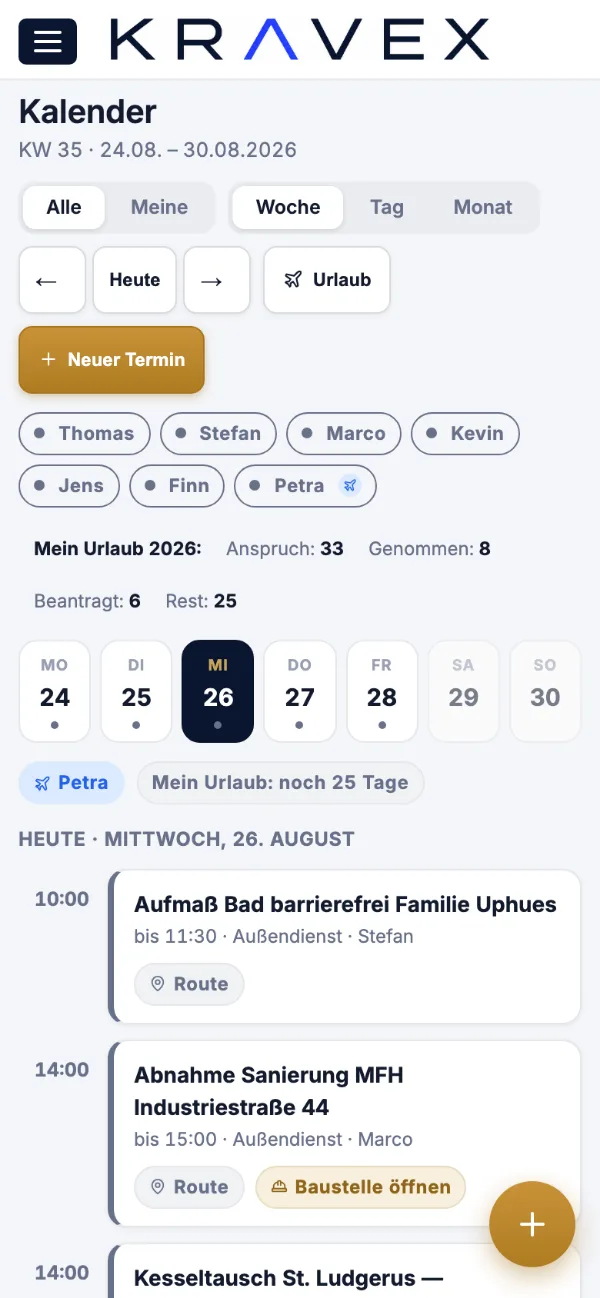 Kalender in der Monteuransicht von Kravex auf dem Handy