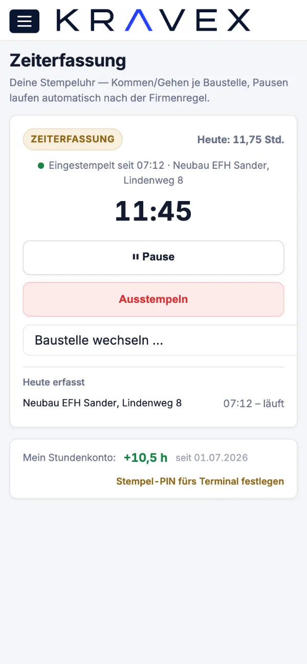 Zeiterfassung in der Monteuransicht von Kravex auf dem Handy