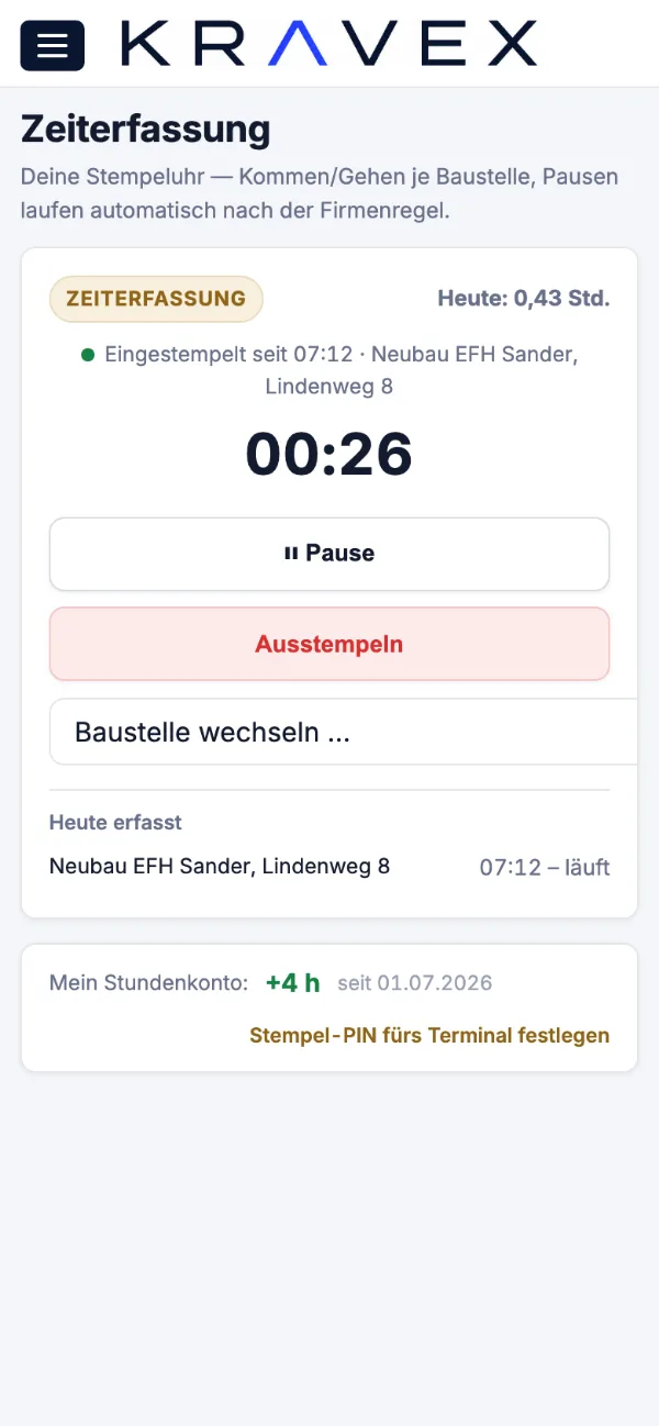 Zeiterfassung in der Monteuransicht von Kravex auf dem Handy