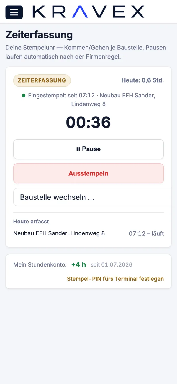 Zeiterfassung in der Monteuransicht von Kravex auf dem Handy