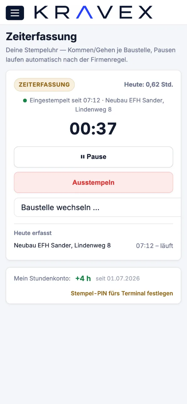 Zeiterfassung in der Monteuransicht von Kravex auf dem Handy